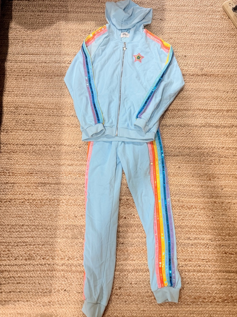 Lola + The Boys Light Blue Hoodie and Pant Set Sequin Star Detail